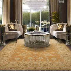 8x9 Gold, Beige, Ivory Color Hand Knotted Agra Wool Traditional Oriental Rug