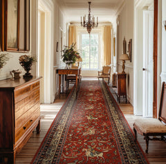 Runner Burnt Orange, Ivory, Navy Color Hand Knotted Kashan Wool Traditional Oriental Rug