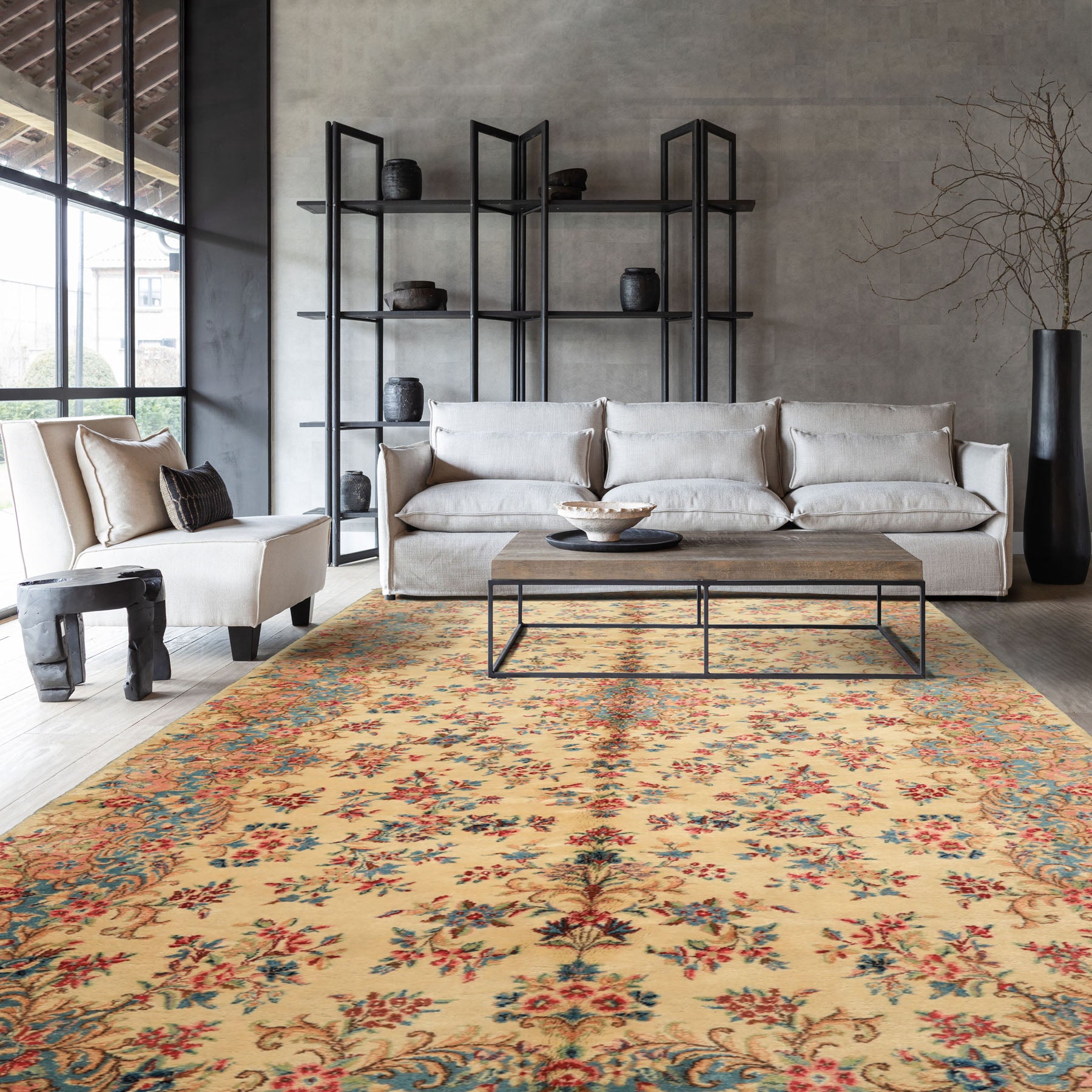 Runner Ivory, Aqua, Blush Color Hand Knotted Kerman Wool Modern & Contemporary Oriental Rug