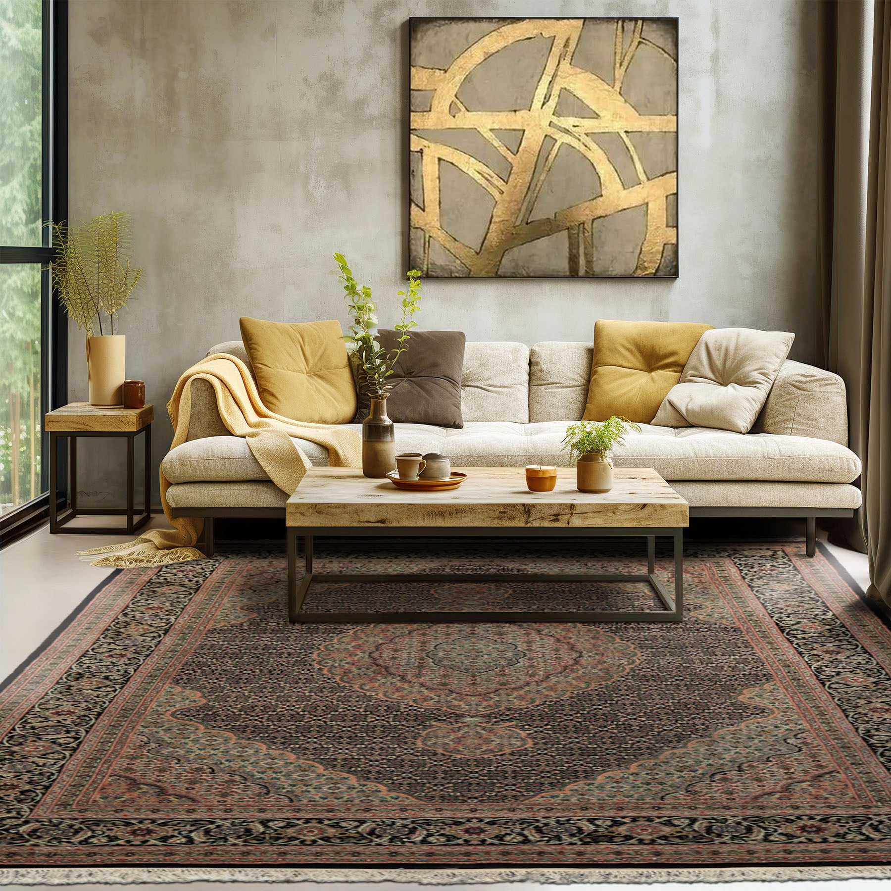 6x9 Black, Blush, Green Color Hand Knotted Tabriz Wool & Silk Traditional Oriental Rug