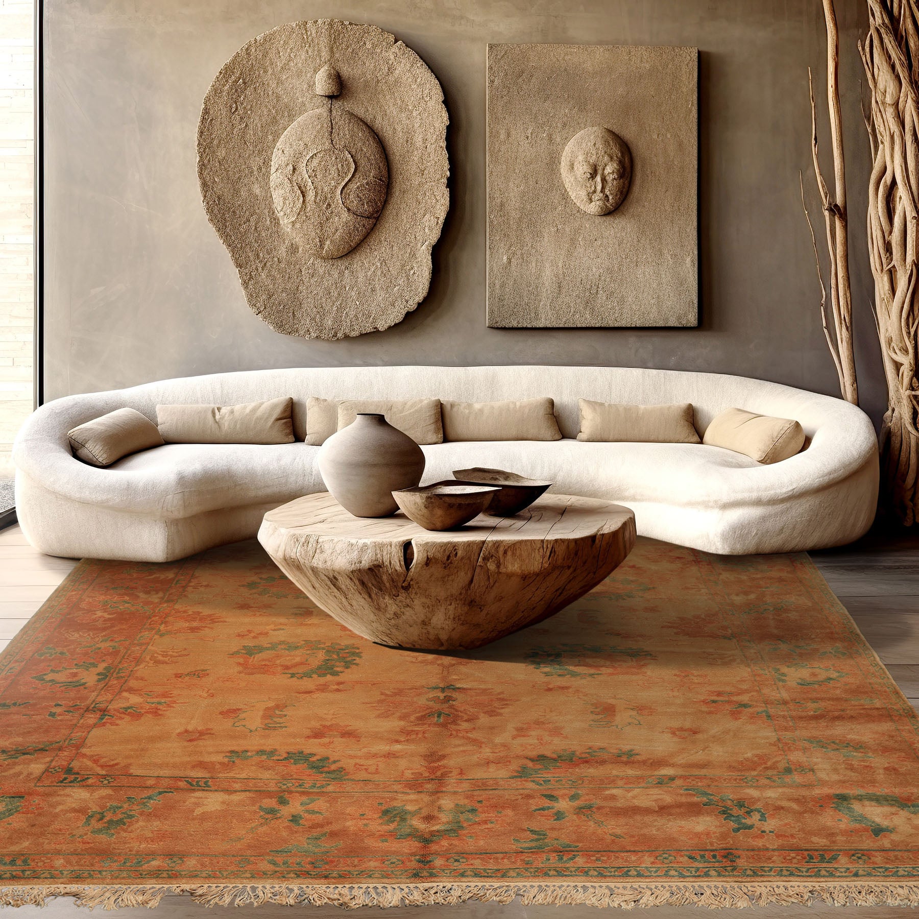 8x9 Beige, Gold, Aqua Color Hand Knotted Oushak Wool Arts & Crafts Oriental Rug