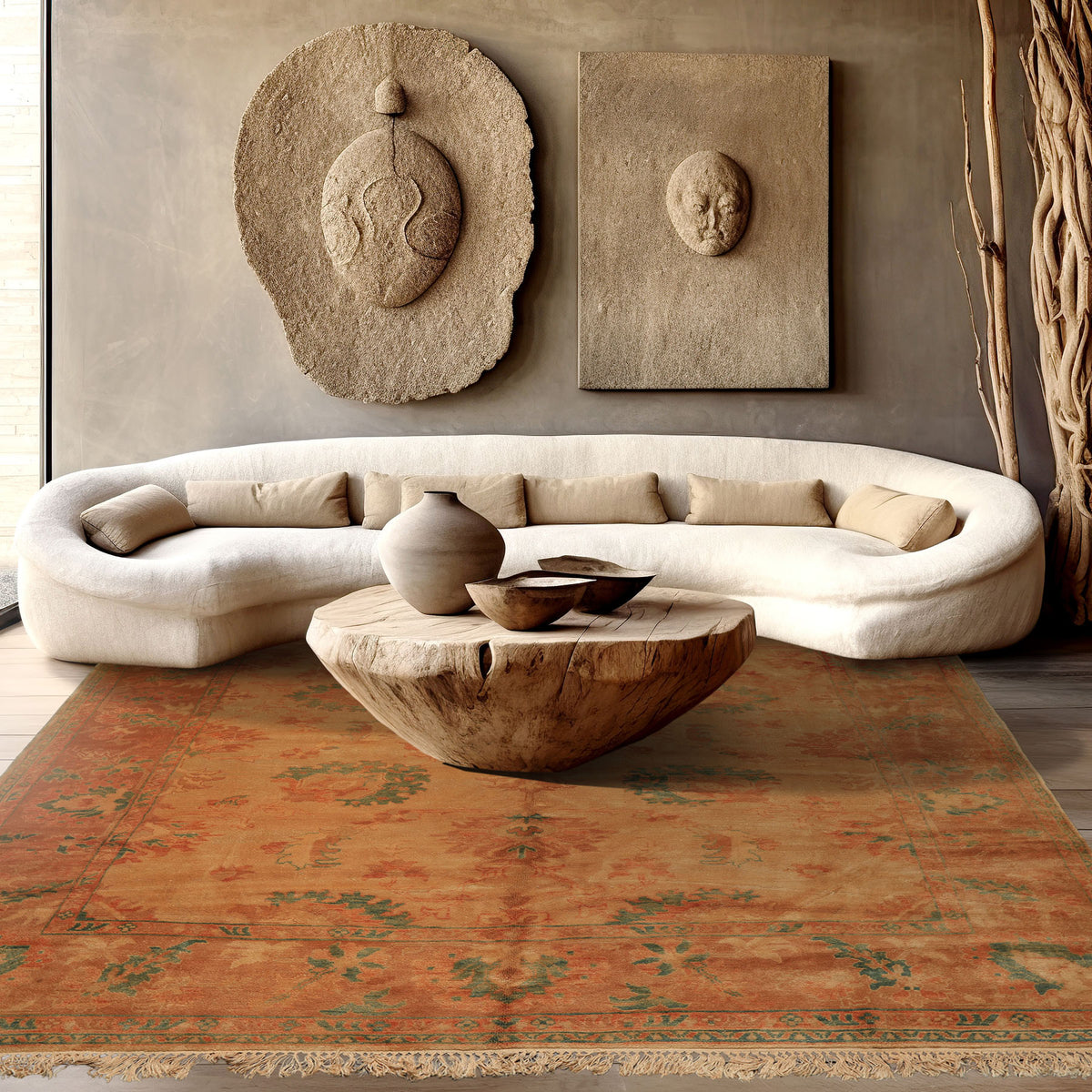 8x9 Beige, Gold, Aqua Color Hand Knotted Oushak Wool Arts & Crafts Oriental Rug