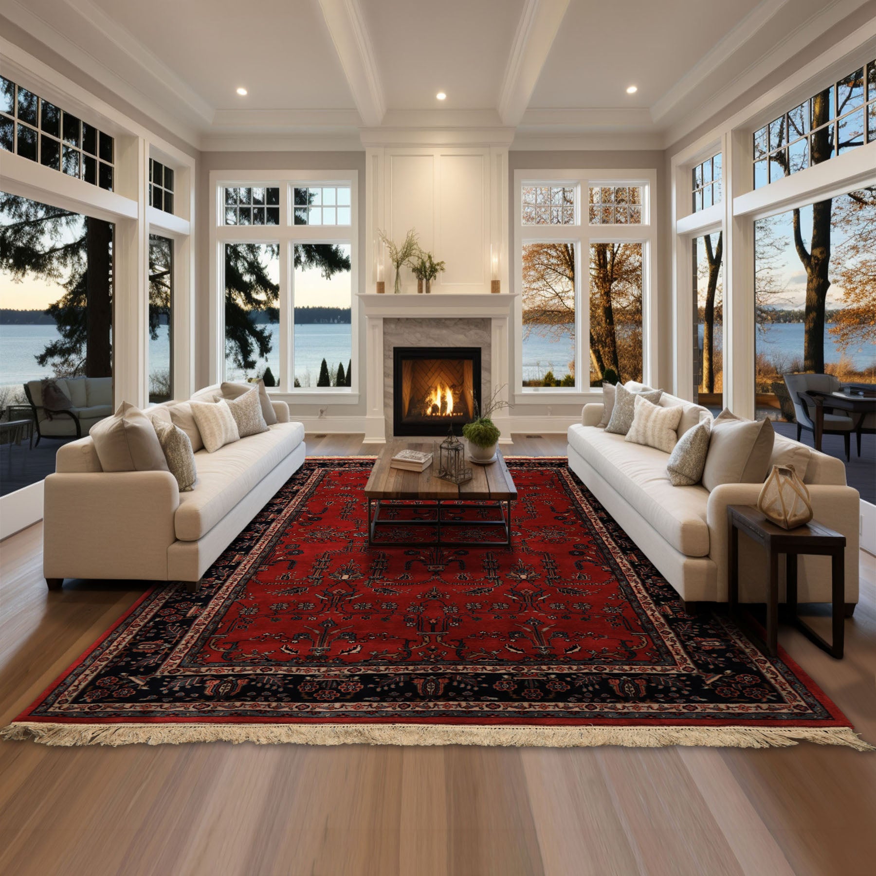 6x9 Burgundy, Navy, Ivory Color Hand Knotted Sarouk Wool Traditional Oriental Rug