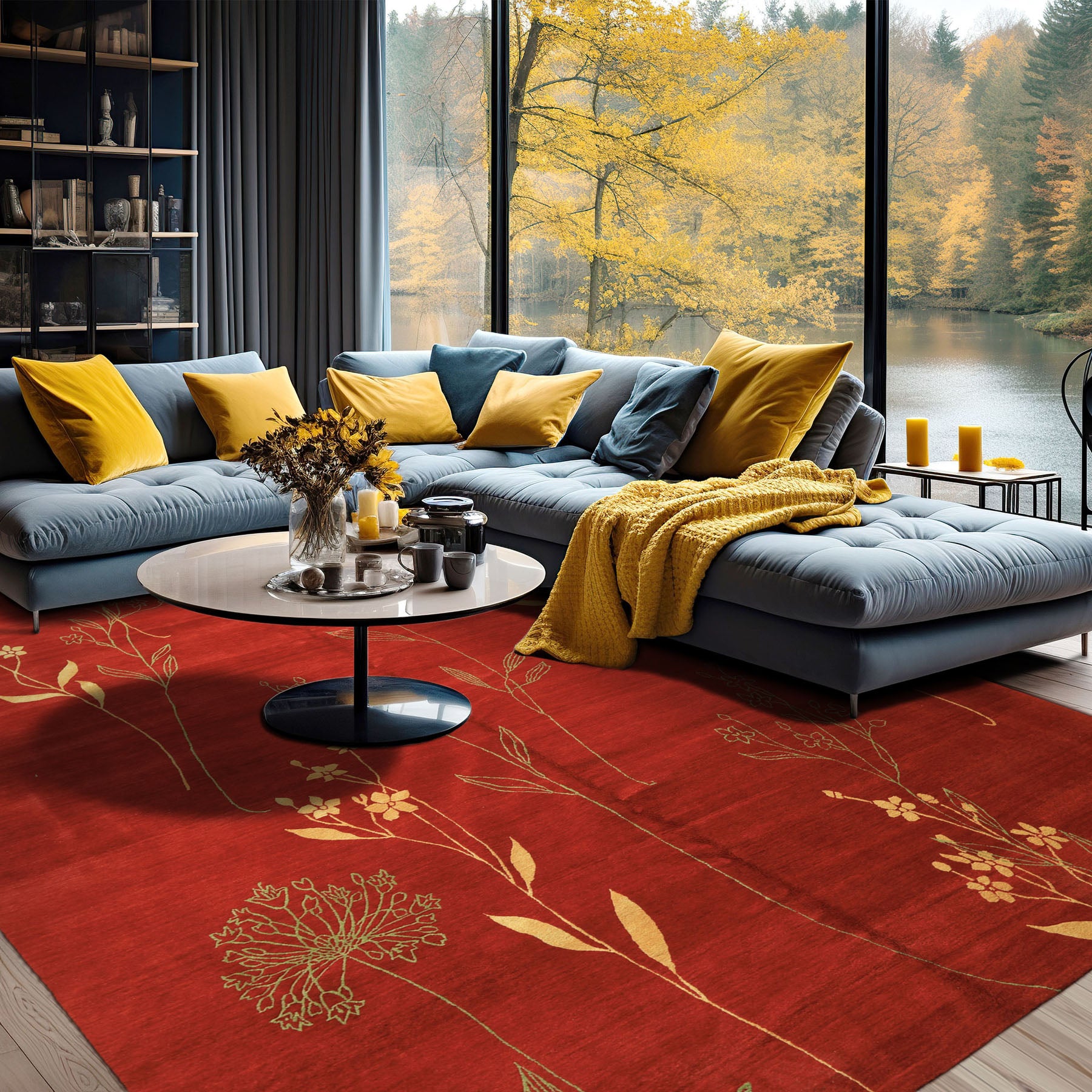 8x10 Red, Orange, Undertone Gold Color Hand Knotted Tibetan Wool & Silk Transitional Oriental Rug