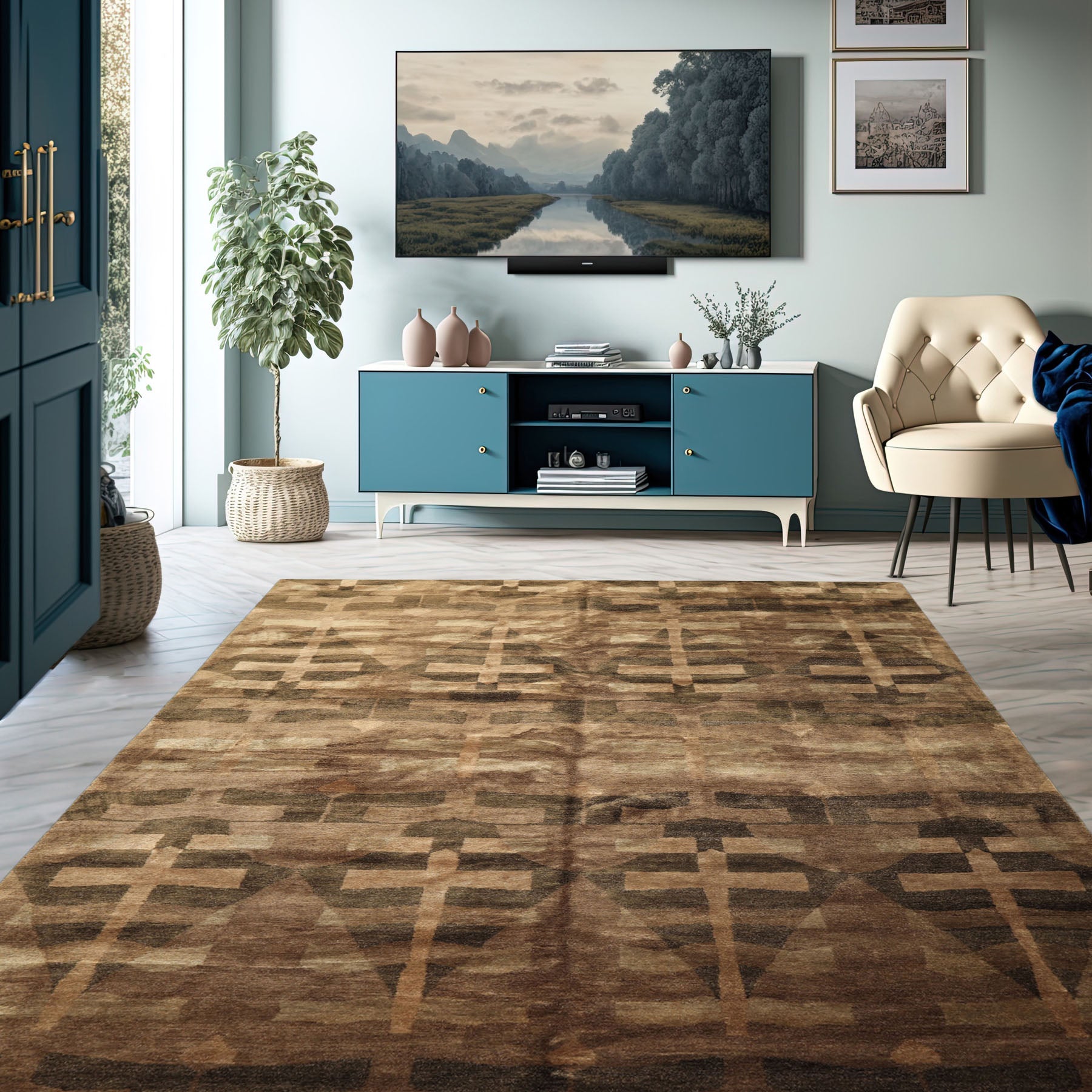 8x10 Moss, Brown, Beige Color Hand Knotted Tibetan Wool & Silk Modern & Contemporary Oriental Rug