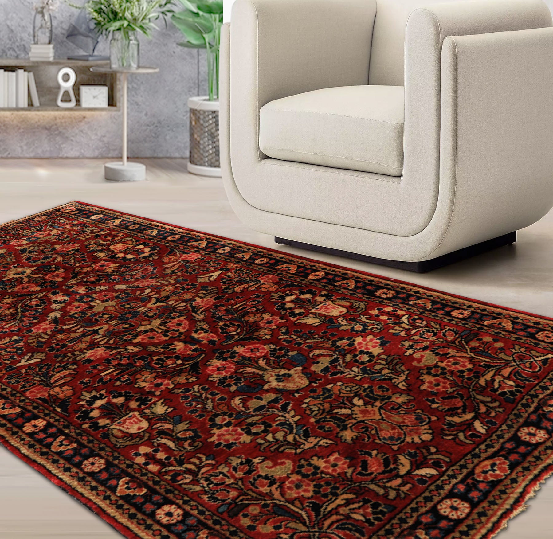 3x5 Red, Midnight Blue, Gold Color Hand Knotted Sarouk Wool Traditional Oriental Rug