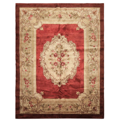 8x11 Burgundy, Sage, Brown Color Hand Knotted French Aubusson Savonerrie Wool Traditional Oriental Rug