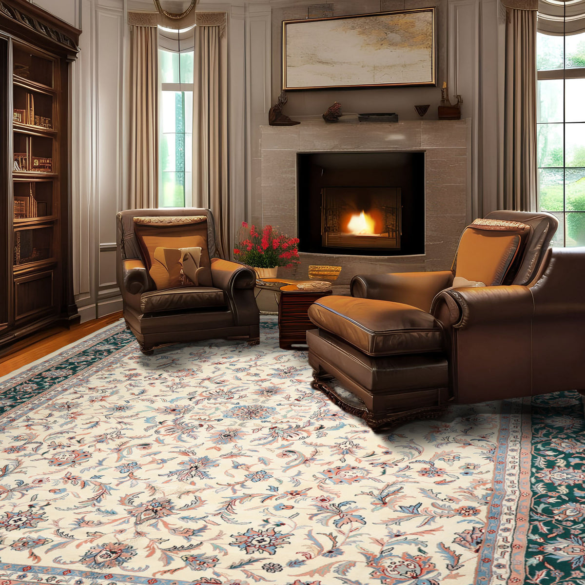 12x15 Cream, Emerald, Blush Color Hand Knotted Kashan Wool Traditional Oriental Rug