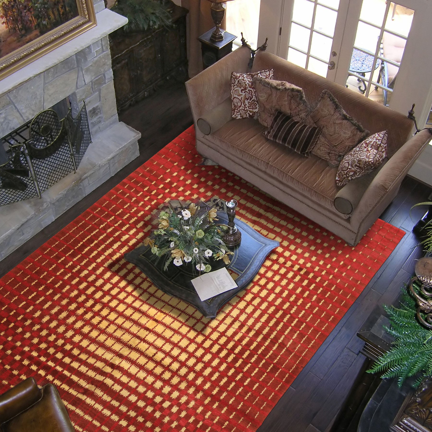 8x10 Gold, Rosy-Red, Brown Color Hand Knotted Tibetan Wool Modern & Contemporary Oriental Rug