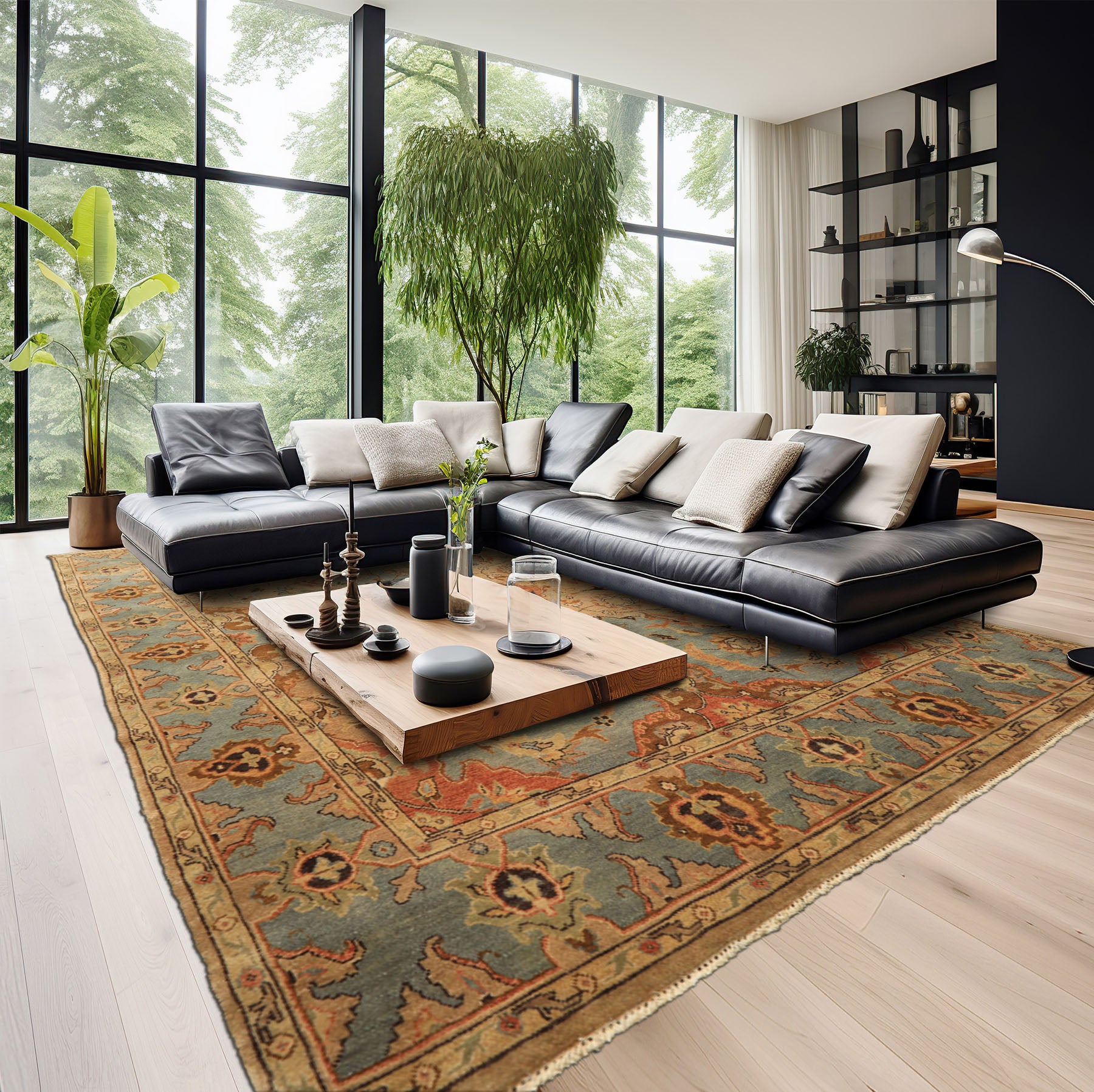 8x10 Tan, Aqua, Beige Color Hand Knotted Oushak Wool Traditional/ Floral Oriental Rug