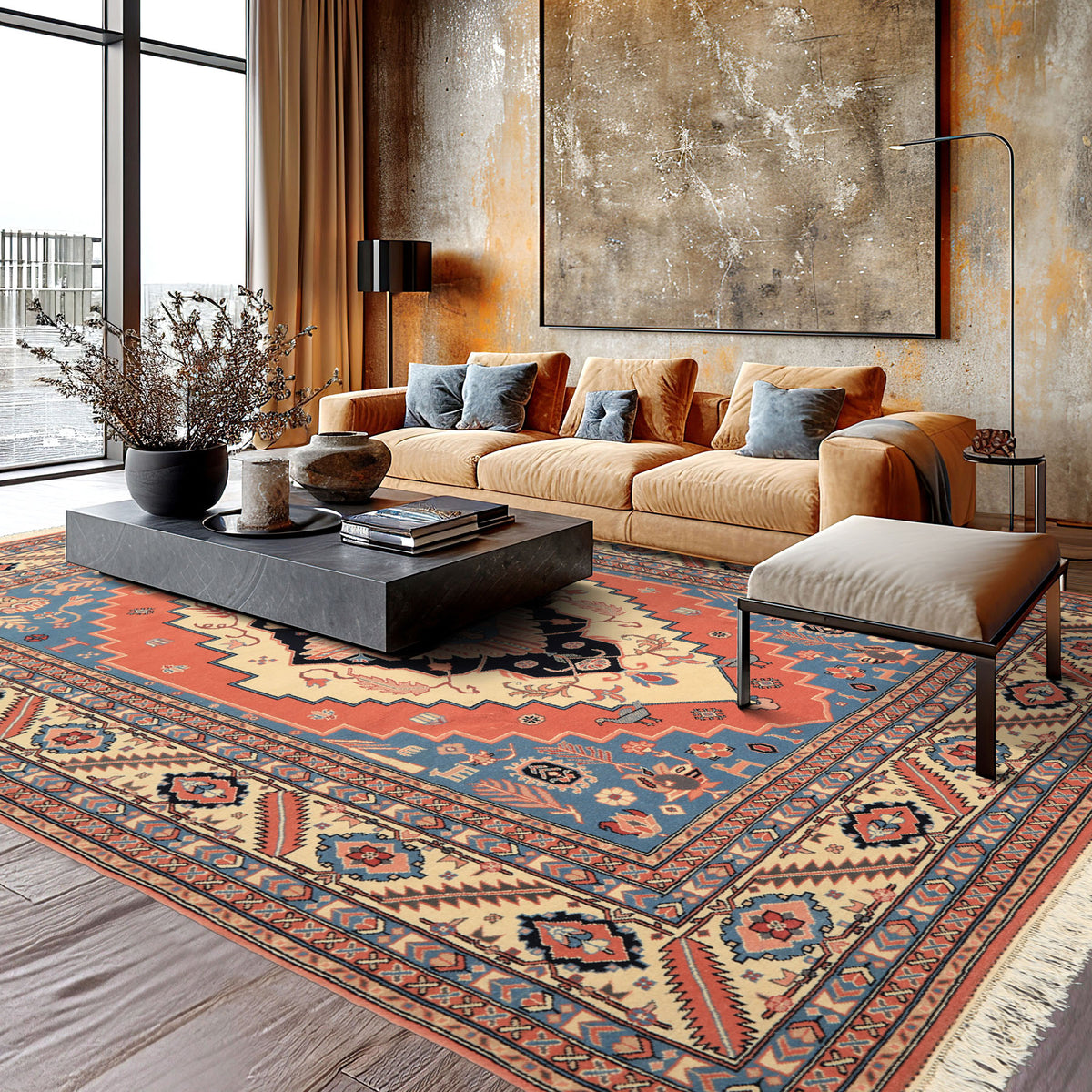 8x10 Salmon, Ivory, Blush Color Hand Knotted Heriz Wool Traditional/ Medallion Oriental Rug