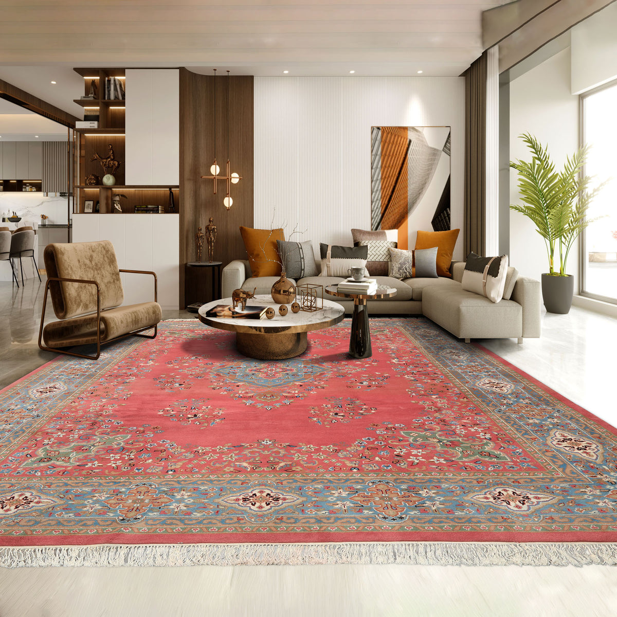 9x12 Pink, Blue, Sage Color Hand Knotted Kashan Wool Traditional/ Botanical Oriental Rug