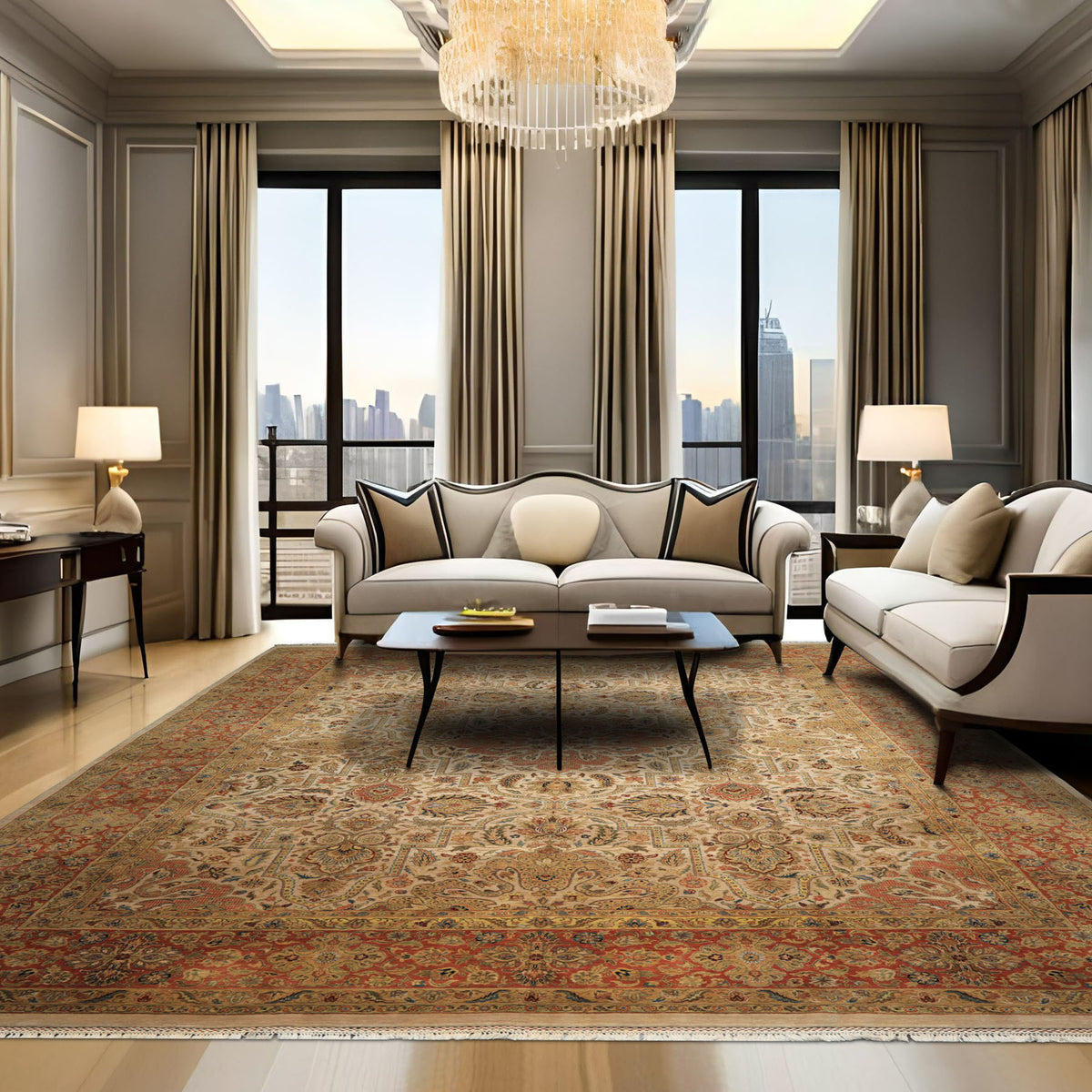 12x15 Beige, Burnt Orange, Lime Color Hand Knotted Agra Wool Traditional Oriental Rug