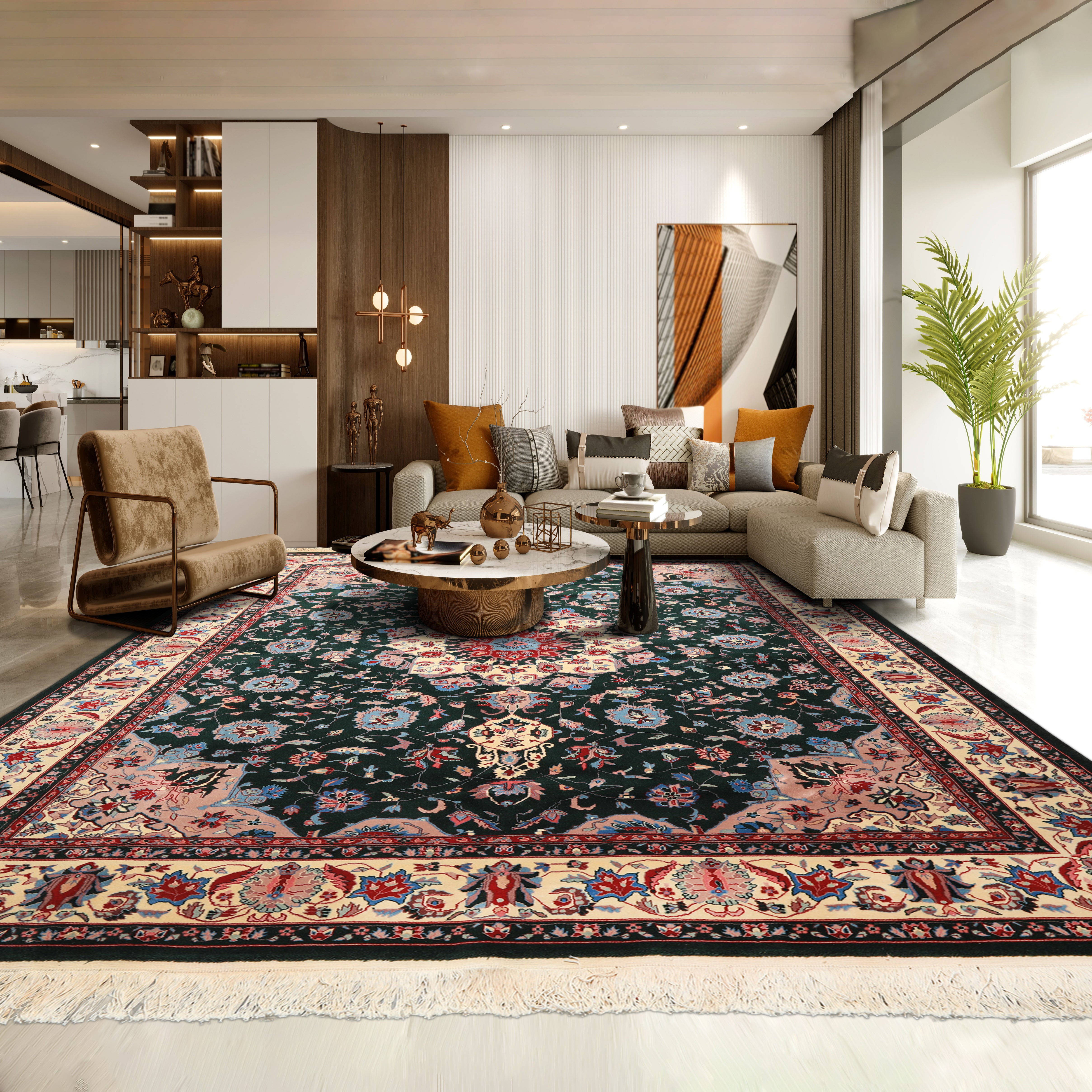 8x10 Dark Green, Ivory, Red Color Hand Knotted Tabriz New Zealand Wool Traditional Oriental Rug