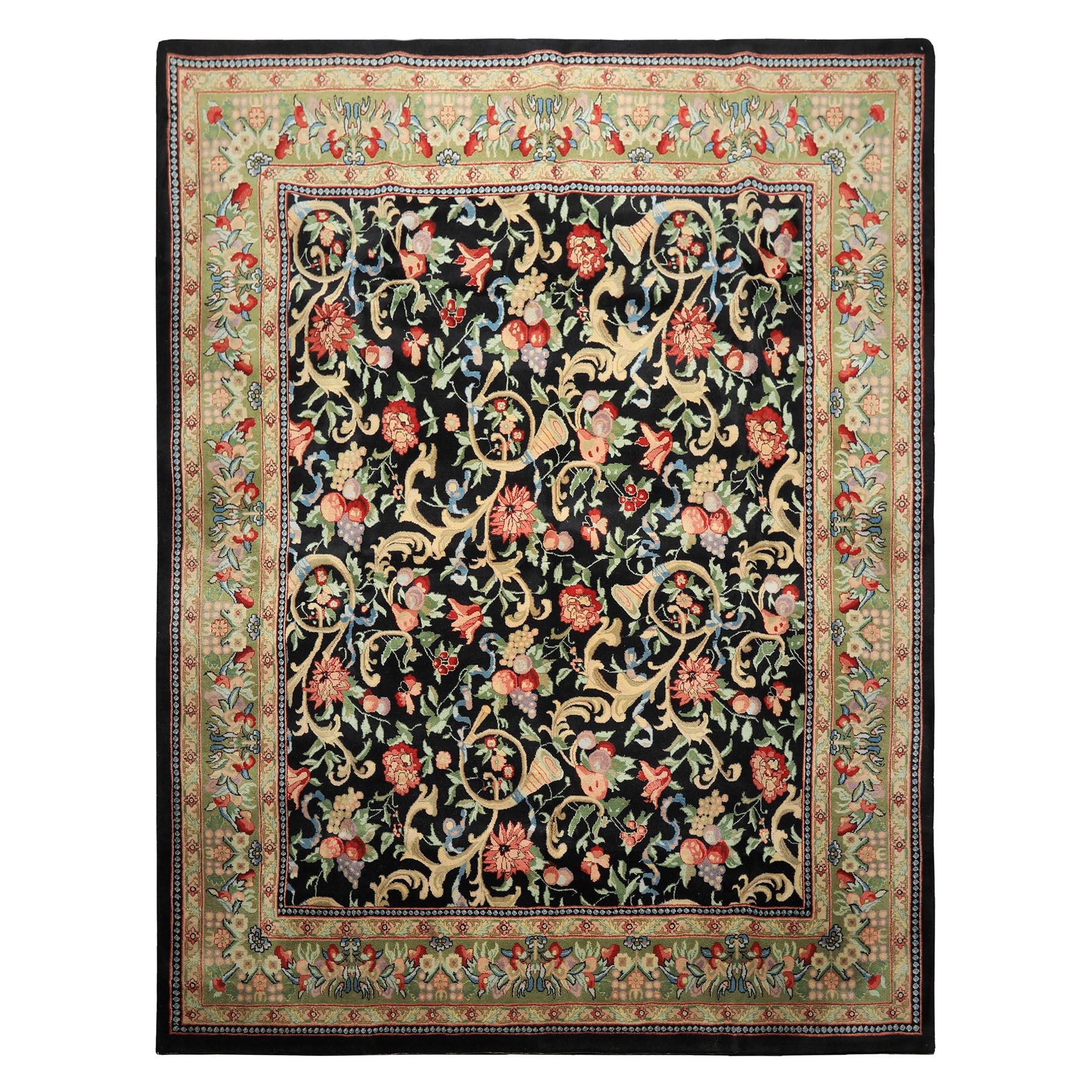 8x10 Black, Mint, Beige Color Hand Knotted French Aubusson Savonnerie Wool Traditional Oriental Rug