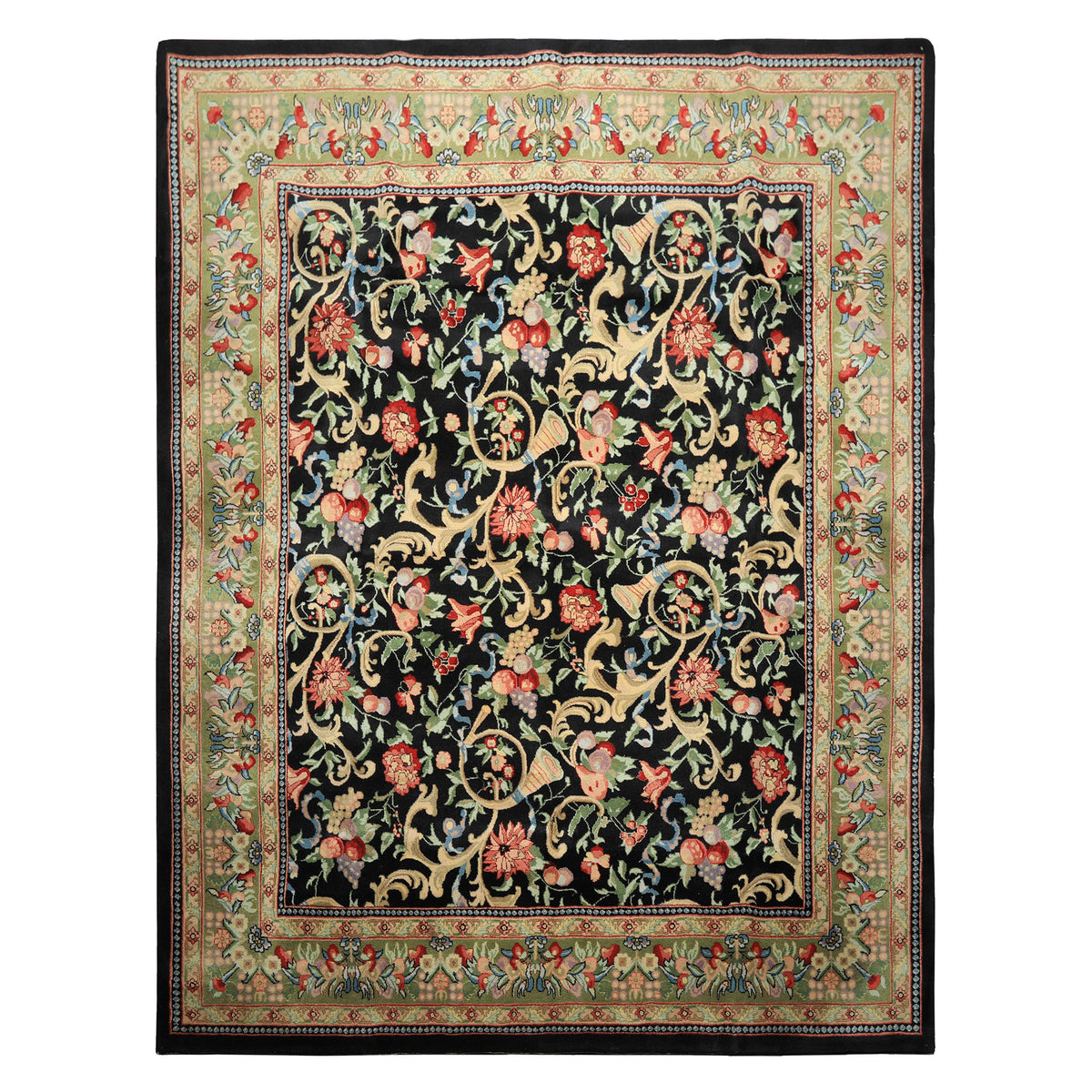 8x10 Black, Mint, Beige Color Hand Knotted French Aubusson Savonnerie Wool Traditional Oriental Rug