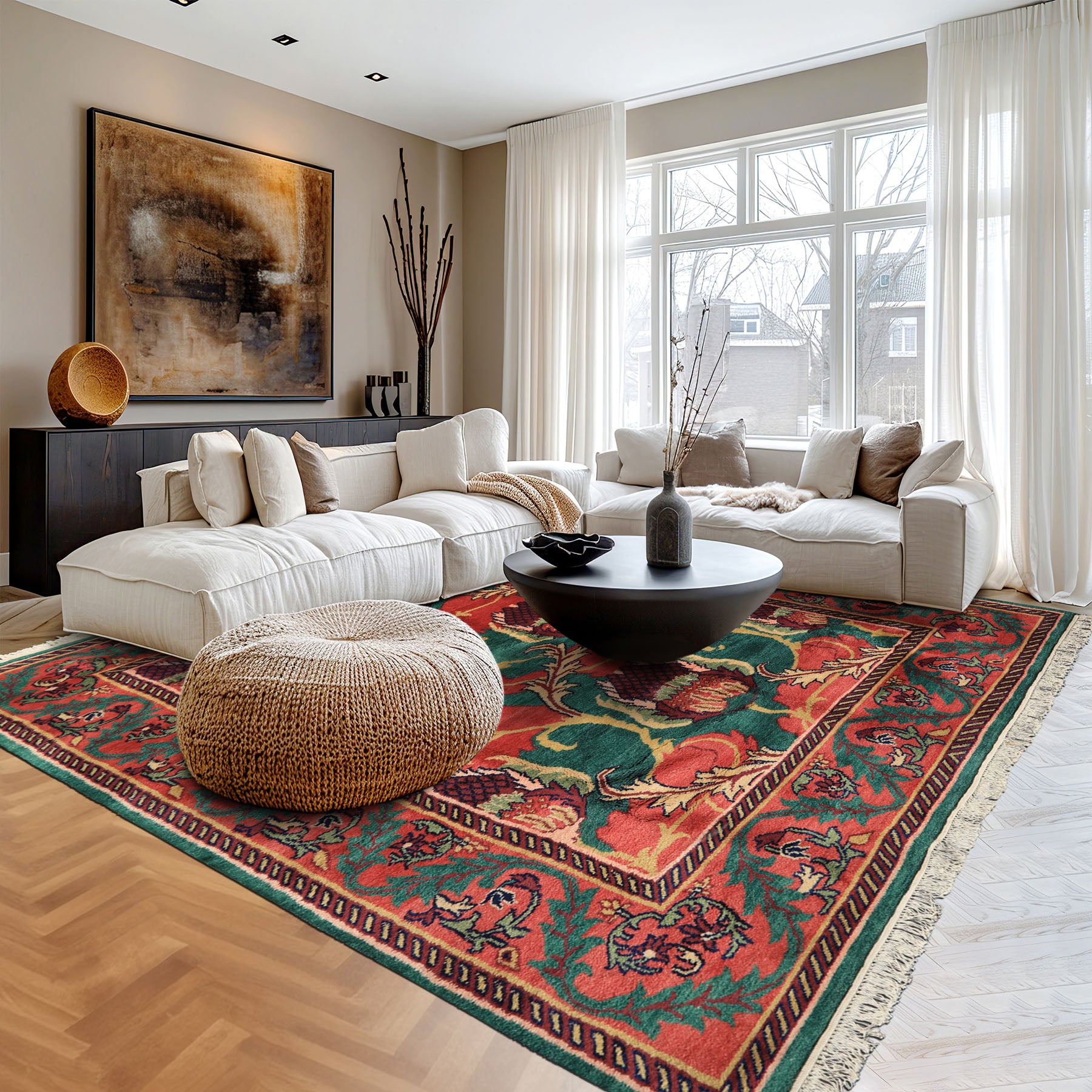 8x10 Teal-Green, Raspberry-Rose, Gold Color Hand Knotted Arts & Crafts Wool Eclectic Oriental Rug