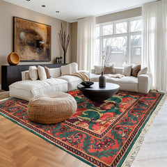 8x10 Teal-Green, Raspberry-Rose, Gold Color Hand Knotted Arts & Crafts Wool Eclectic Oriental Rug