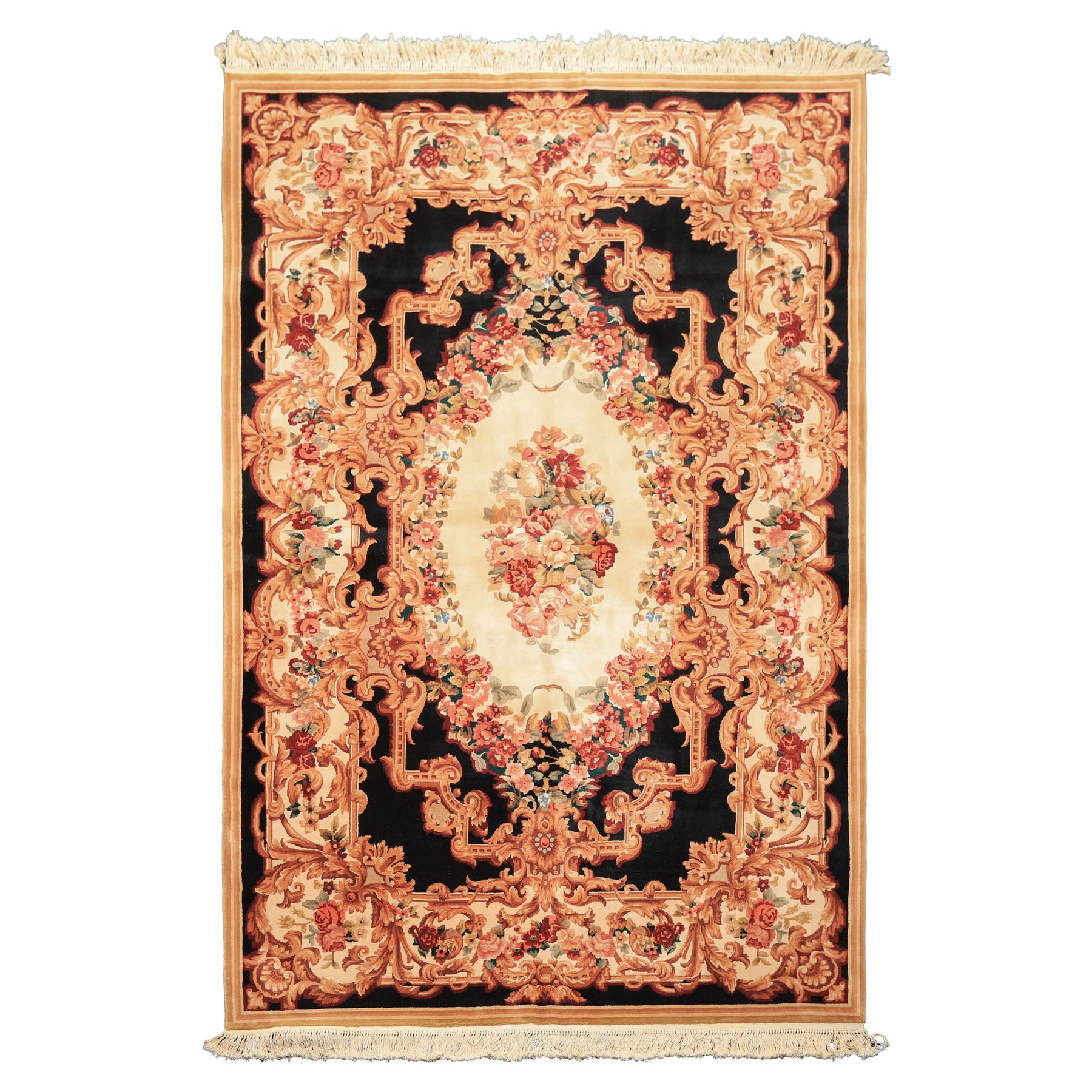 6x9 Ivory, Black, Brown Color Hand Knotted French Aubusson Savonnerie Wool Traditional Oriental Rug