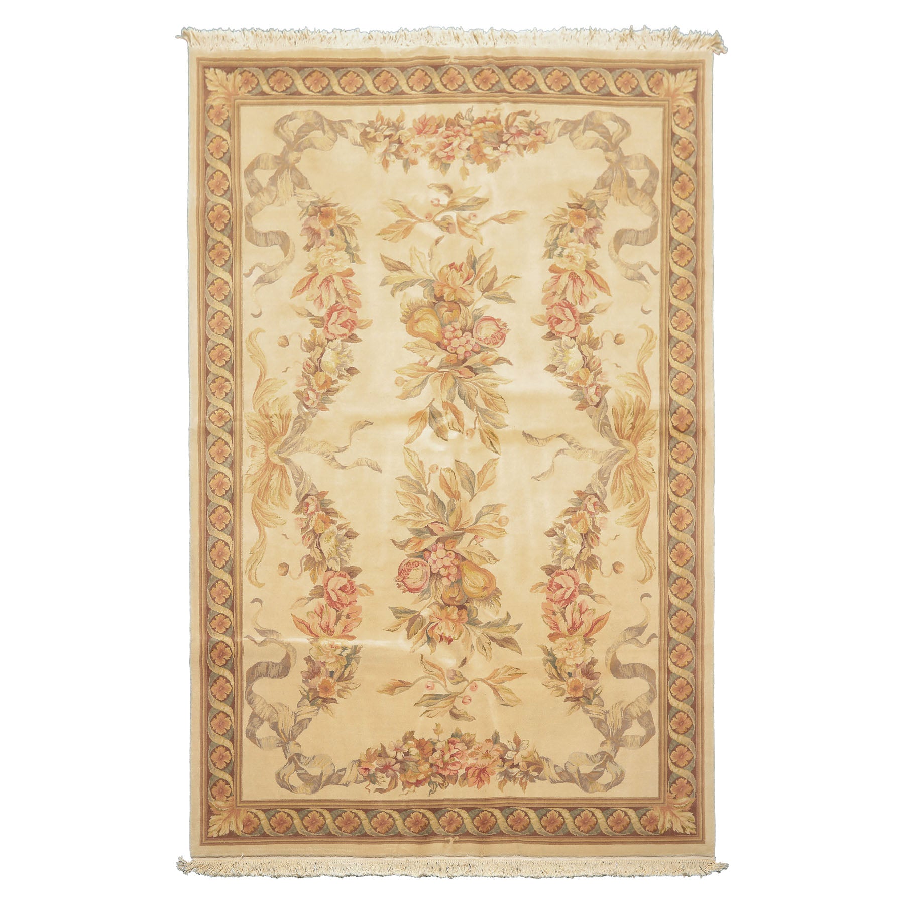 6x9 Ivory, Brown, Taupe Color Hand Knotted French Aubusson Savonnerie Wool & Silk Traditional Oriental Rug