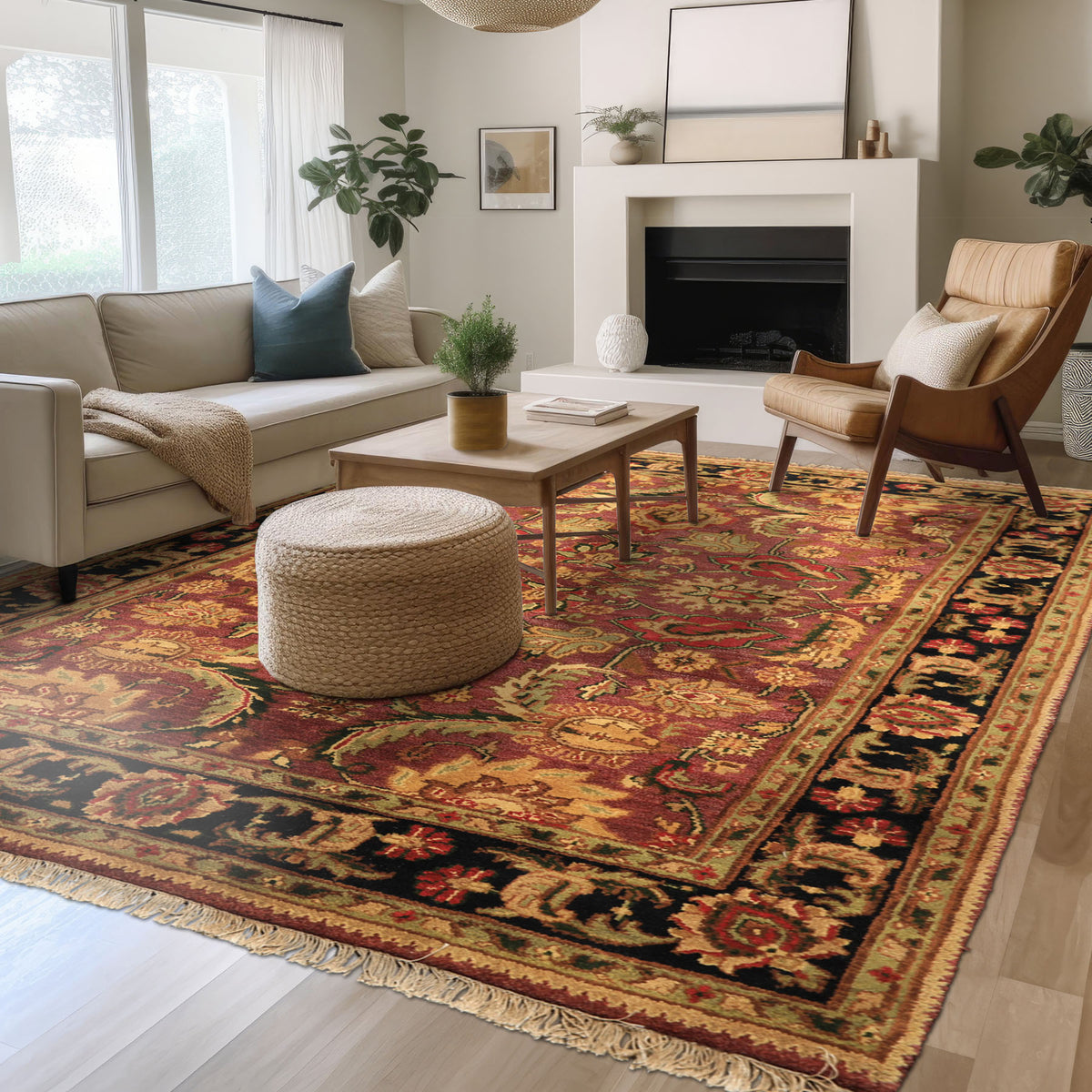 6x9 Plum, Black, Lime Color Hand Knotted Agra Wool Traditional Oriental Rug