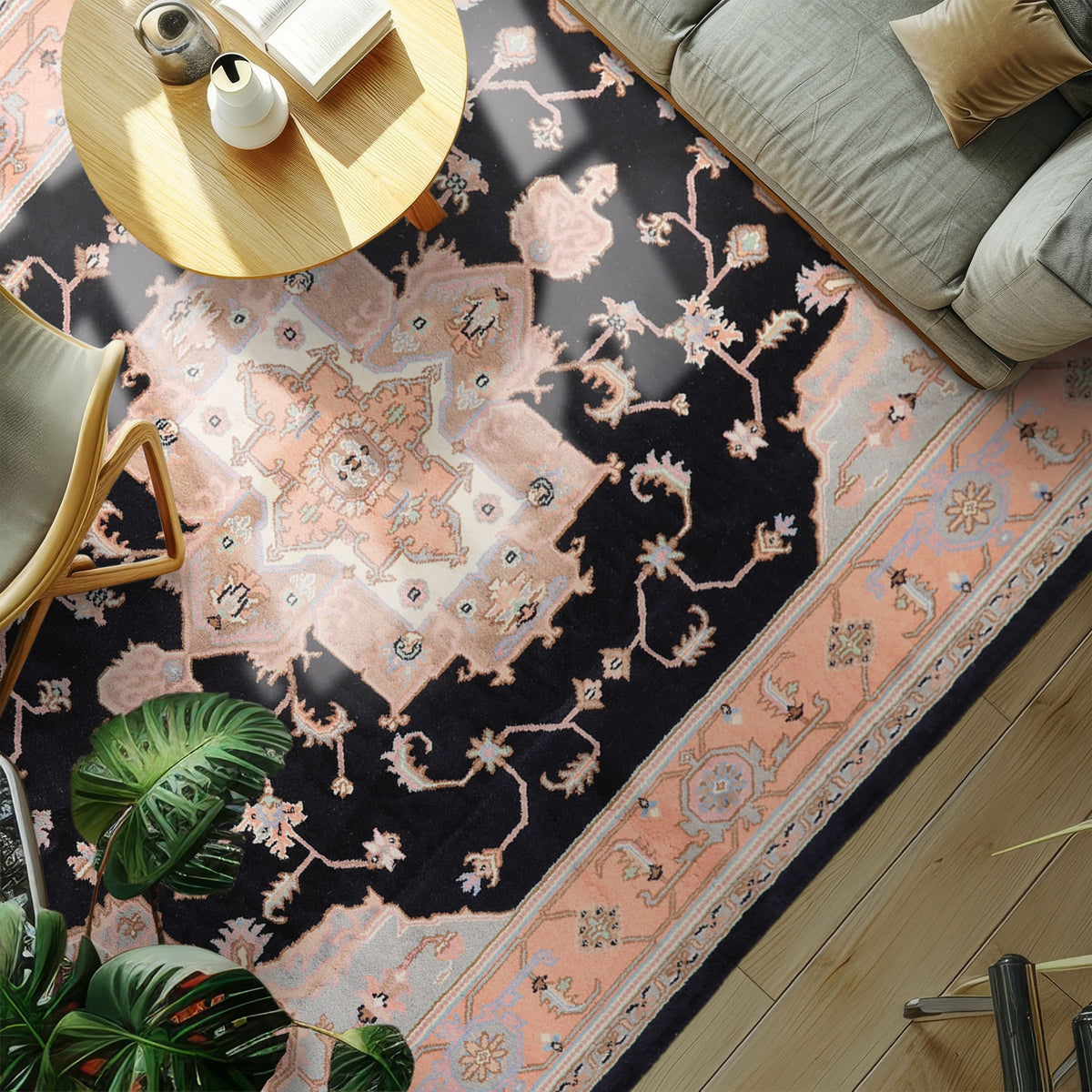 8x10 Black, Peach, Ivory Color Hand Knotted Heriz Wool Traditional Oriental Rug