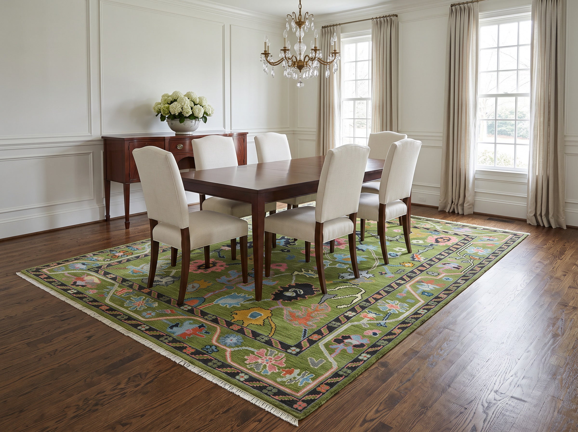 Multi Size Green Pink Navy Color Hand Knotted Oushak Wool Traditional Oriental Rug