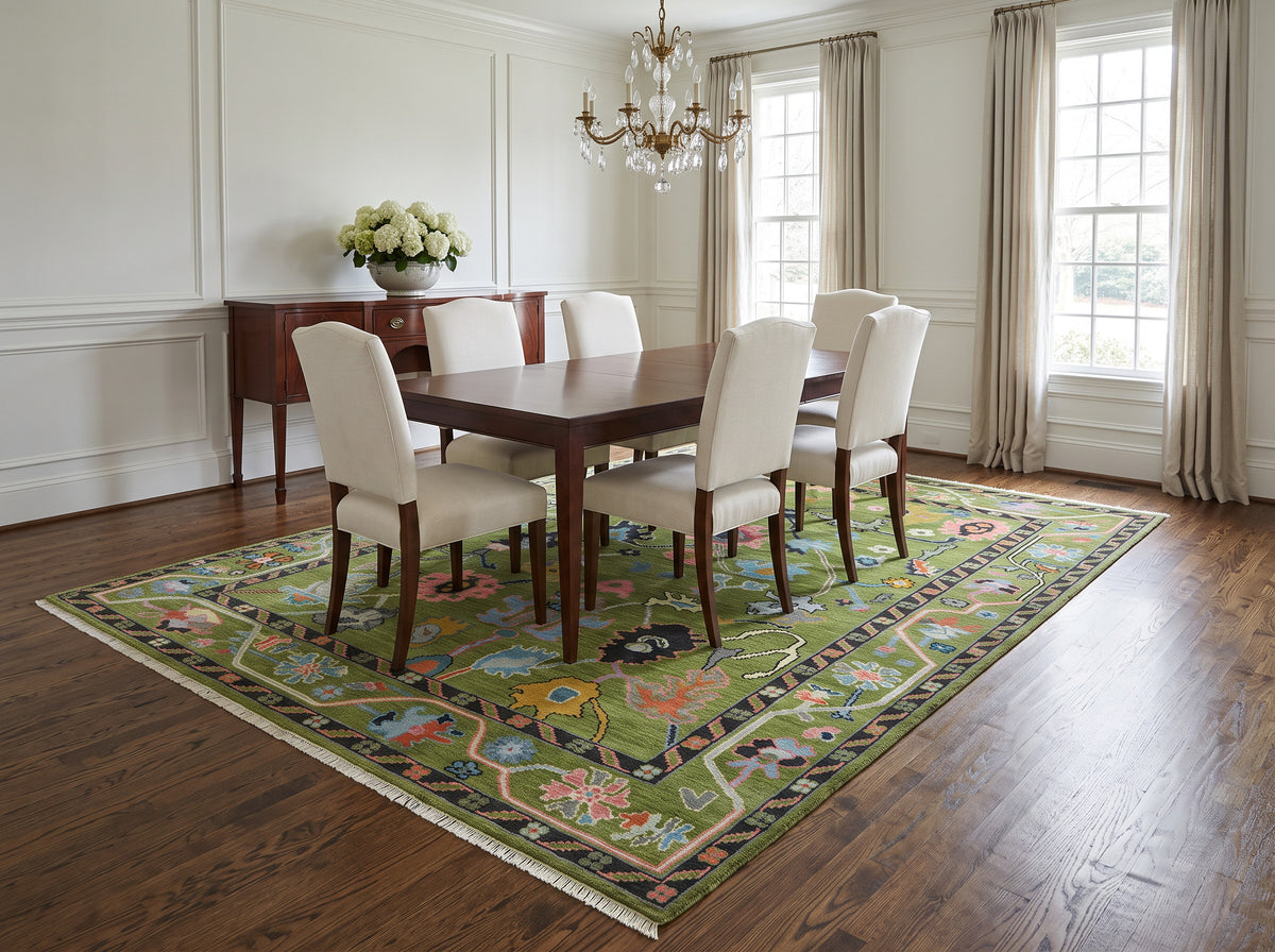 Multi Size Green Pink Navy Color Hand Knotted Oushak Wool Traditional Oriental Rug