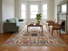 Multi Size Ivory Brown Aqua Color Hand Knotted Oushak Wool Traditional Oriental Rug