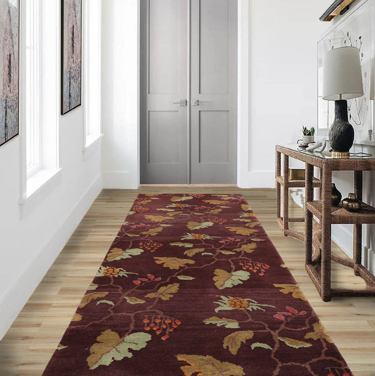 Runner Aubergine, Gold, Mint Color Hand Knotted Tibetan Wool Transitional Oriental Rug