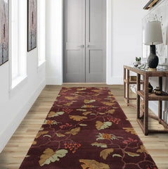 Runner Aubergine, Gold, Mint Color Hand Knotted Tibetan Wool Transitional Oriental Rug