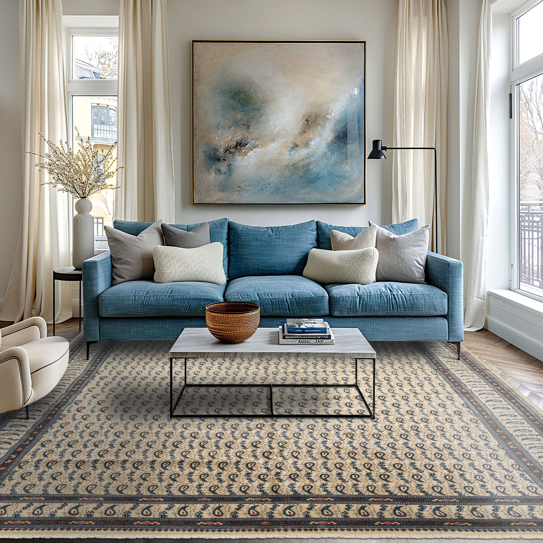 8x11 Ivory, Navy, Brown Color Hand Knotted Serabend Wool Traditional Oriental Rug