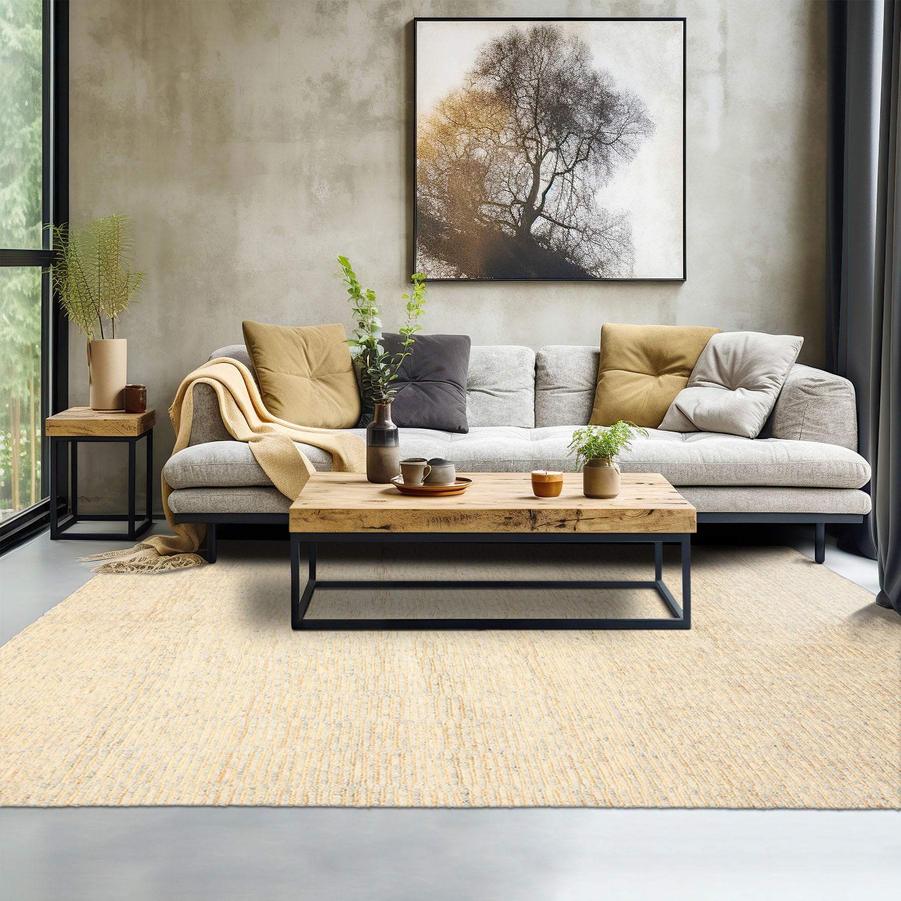 6x9 Ivory, Beige, Gray Color Hand Knotted Tibetan Wool & Jute Contemporary Oriental Rug