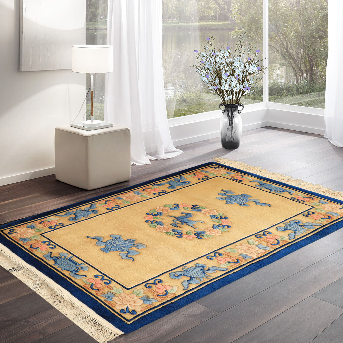 3x5 Gold, Navy, Blush Color Hand Knotted Chinese Art Deco Wool Traditional Oriental Rug