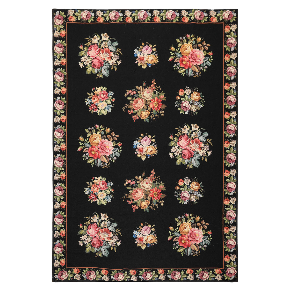 6x9 Black, Ivory, red Color Hand Woven French Aubusson Needlepoint Wool Traditional Oriental Rug