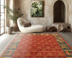 6x9 Rusty Red, Teal, Ivory Color Hand Knotted Tibetan Wool Arts & Crafts Oriental Rug