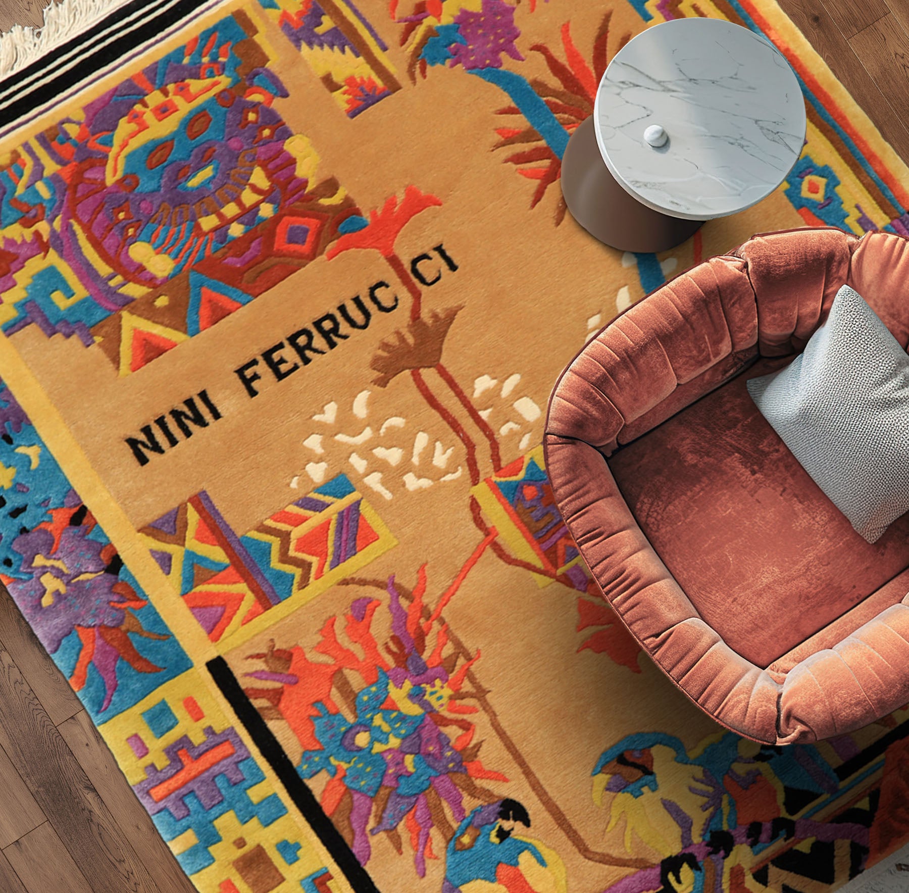 4x6 Tan, Purple, Black Color Hand Knotted Tibetan New Zealand Wool Modern & Contemporary Oriental Rug