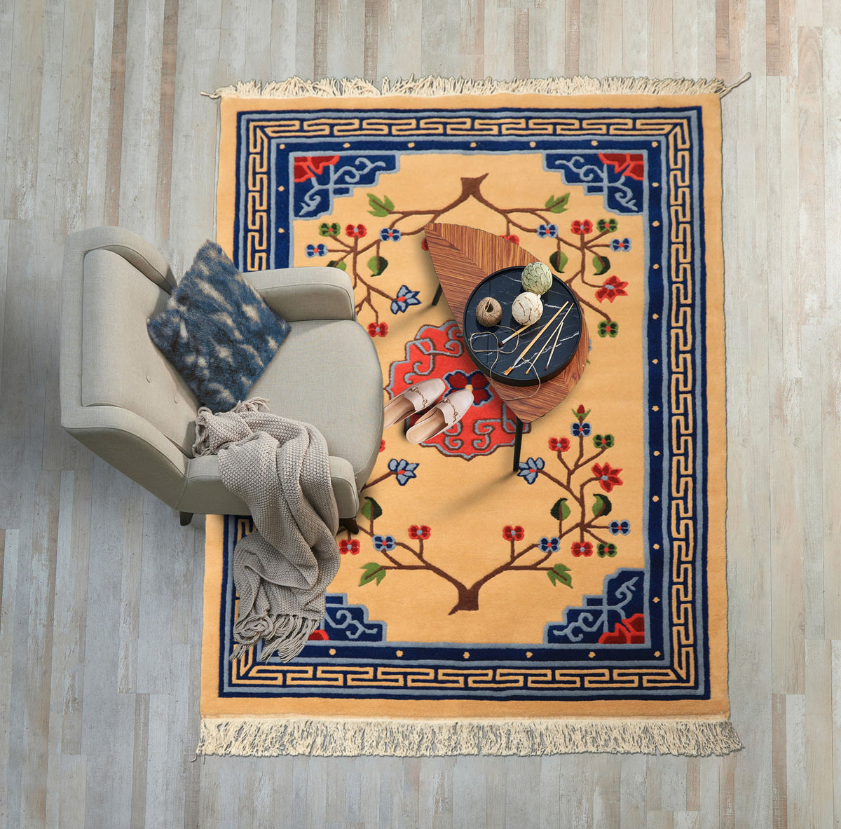 4x6 Tan, Navy, Coral Color Hand Knotted Tibetan Wool Chinese Art Deco Oriental Rug