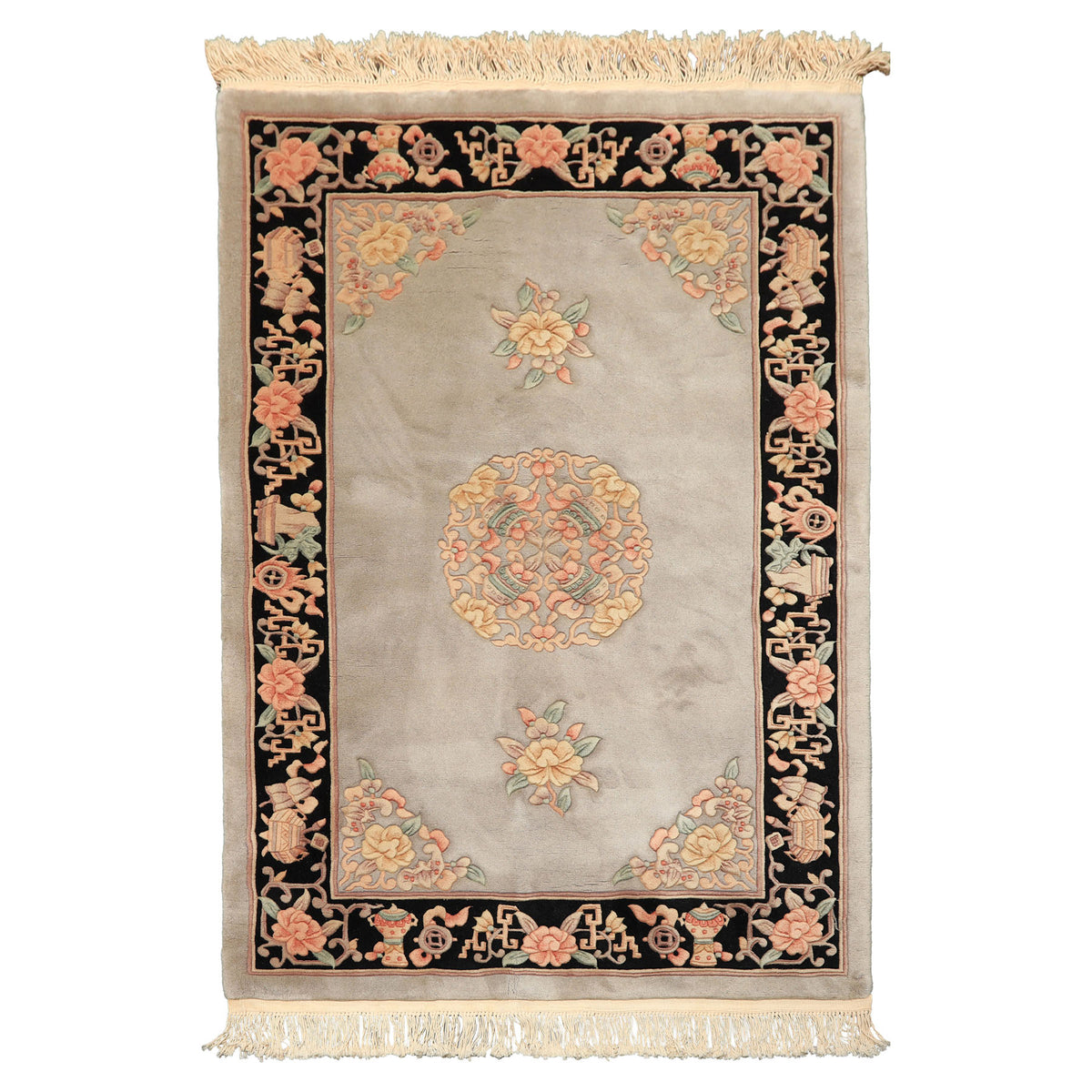 4x6 Gray, Black, Taupe Color Hand Knotted French Aubusson Savonnerie Wool Traditional Oriental Rug