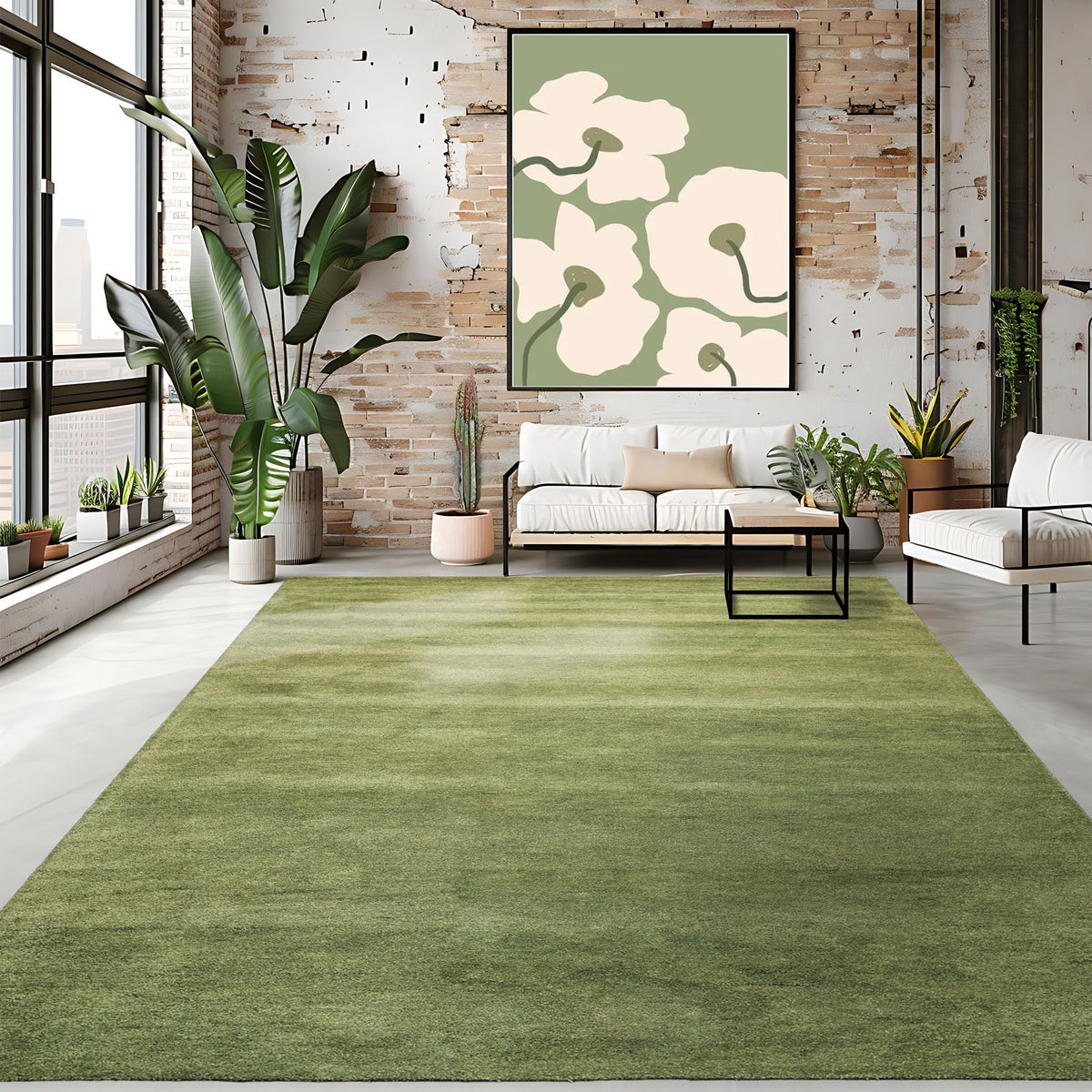 Warm Green 8x10 Modern & Contemporary Plush Pile Solid Grainy Texture Hand Woven 100% Wool Oriental Area Rug