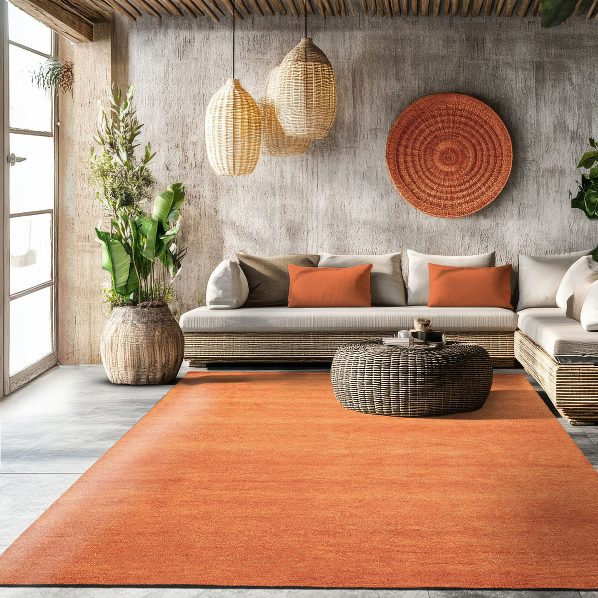 Burnt Orange 8x10 Modern & Contemporary Plush Pile Solid Grainy Texture Hand Woven 100% Wool Oriental Area Rug