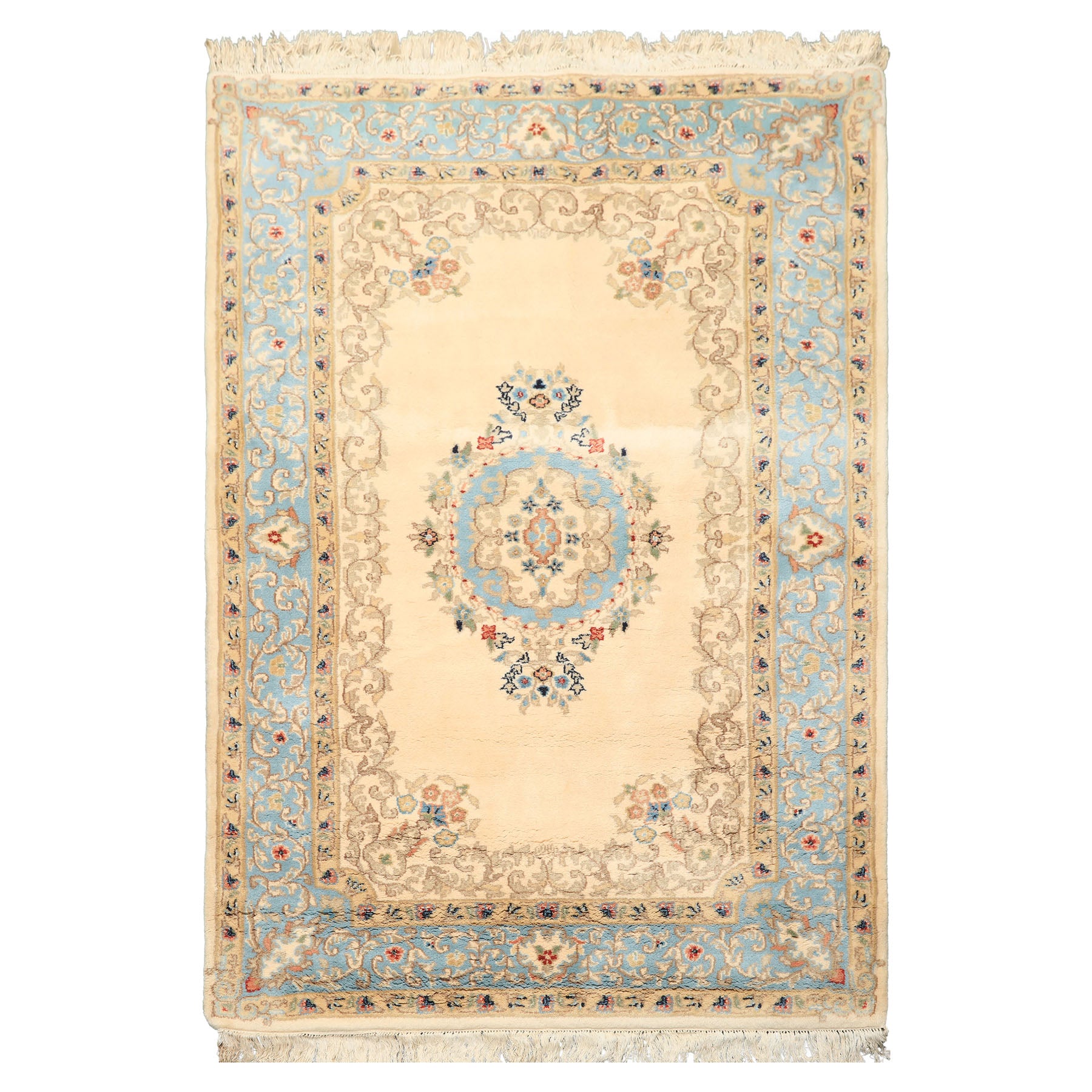 4x6 Ivory, Aqua, Tan Color Hand Knotted Indo Kerman Wool Traditional Oriental Rug
