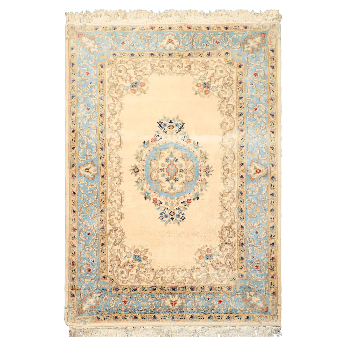 4x6 Ivory, Aqua, Tan Color Hand Knotted Indo Kerman Wool Traditional Oriental Rug