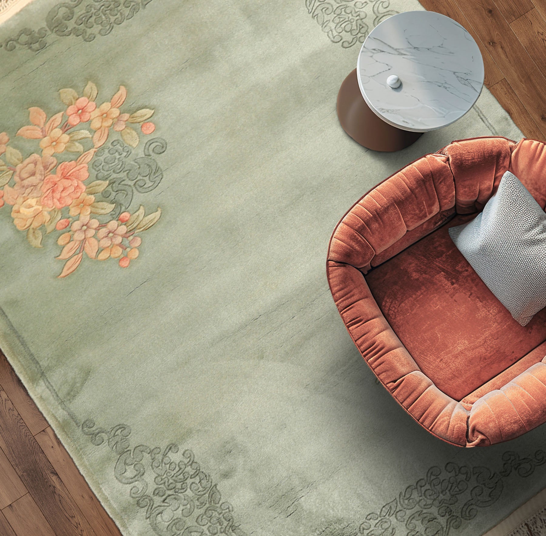 4x6 Celadon, Blush, Gold Color Hand Knotted Chinese Art Deco Wool Traditional Oriental Rug