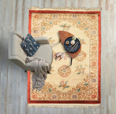 4x6 Beige, Caramel, Taupe Color Hand Knotted Chinese Art Deco Wool Traditional Oriental Rug