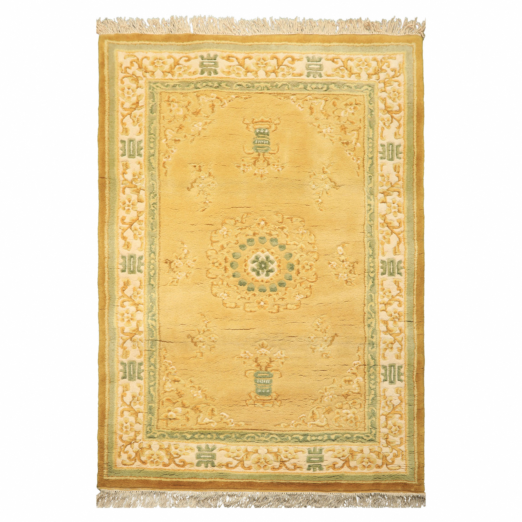 Gold 4x6 Indo Tibetan Traditional Medallion Plush Pile Hand Knotted Wool Oriental Area Rug