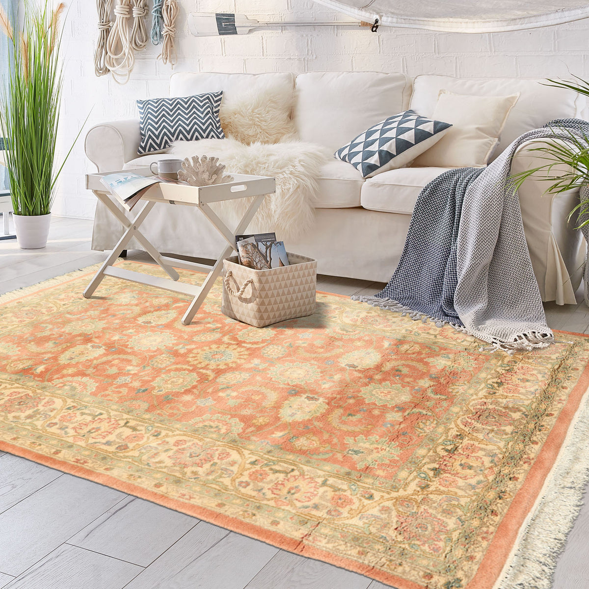 4x6 Blush, Ivory, Mint Color Hand Knotted Indo Kashan Wool Traditional Oriental Rug
