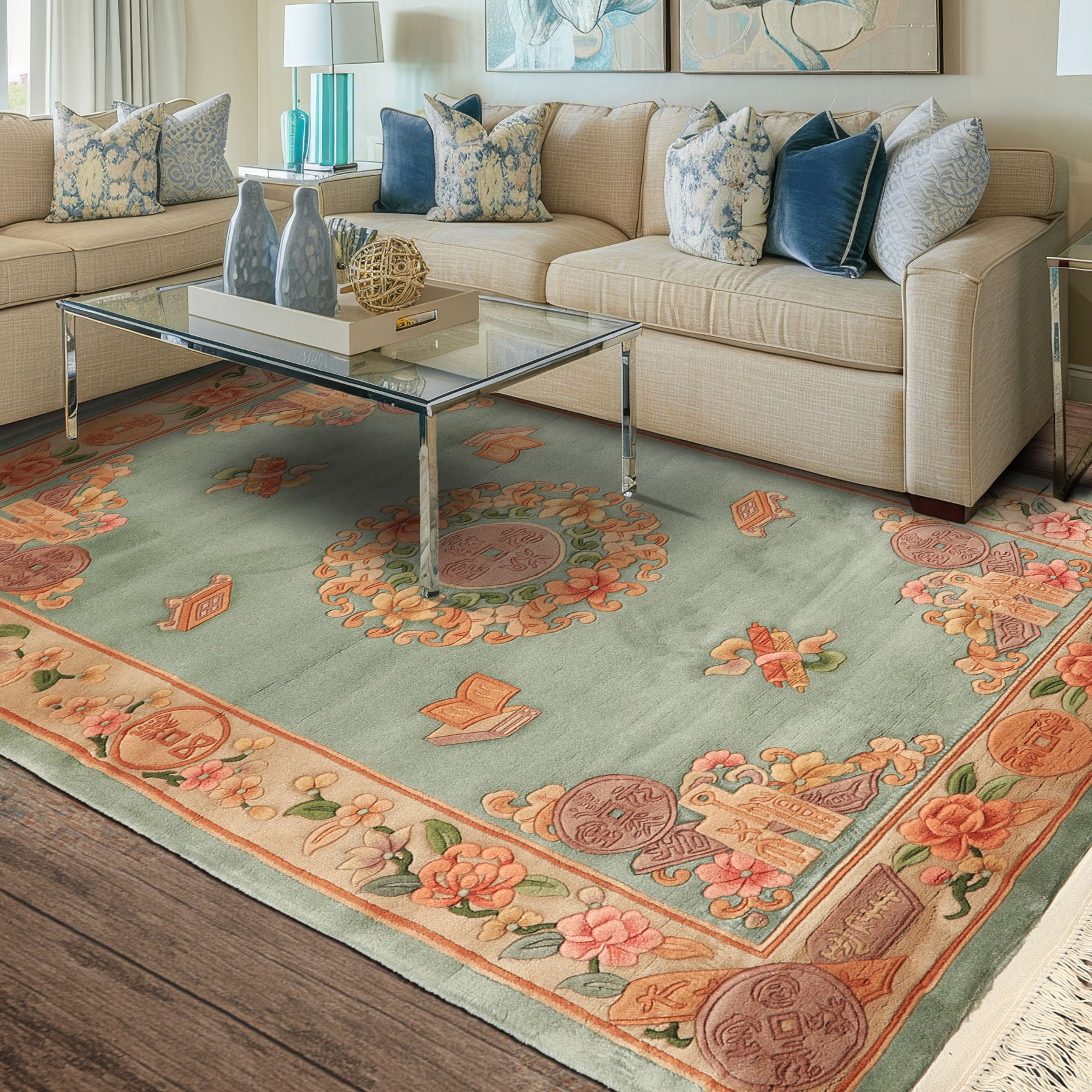 4x6 Celadon, Tan, Caramel Color Hand Knotted Chinese Art Deco Wool Traditional Oriental Rug