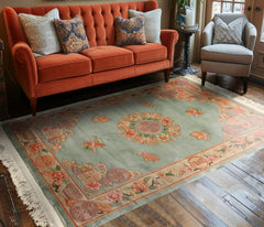 Celadon 4x6 Chinese Art Deco Traditional Medallion Silky Sheen Velvety Soft Plush Pile Hand Knotted Wool Oriental Area Rug