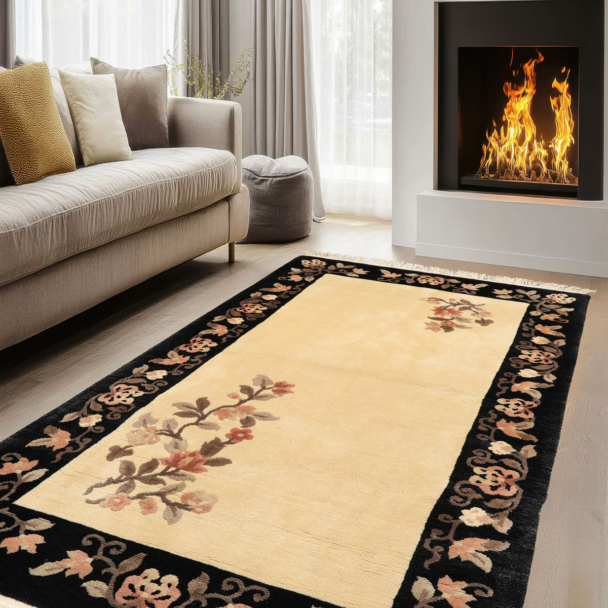 3x5 Beige, Charcoal, Blush Color Hand Knotted Chinese Art Deco Wool Traditional Oriental Rug